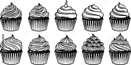Cupcake silhouette vector illustration set, dessert clipart bundle, baking design icons, sweet treat graphics, frosting decoration outlines