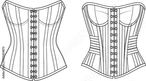 Corset technical line drawing vector illustration set, fashion clipart bundle, lingerie design icons, historical garment graphics, structured clothing outlines