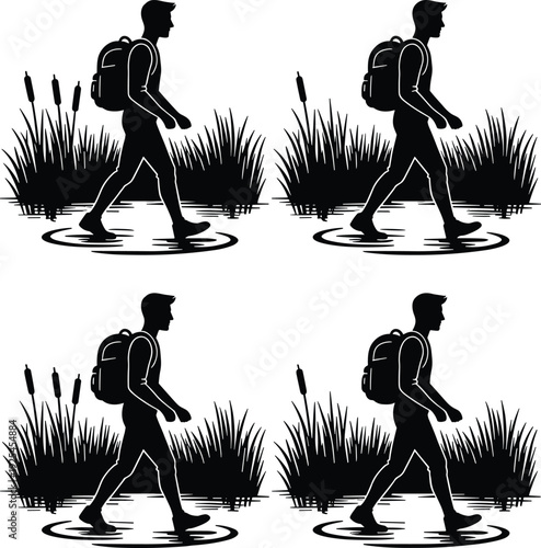 Black Silhouette Set of a Male Hiker with Backpack Walking Through Marsh Grass and Reeds in a Wetland Nature Landscape Isolated on White Background