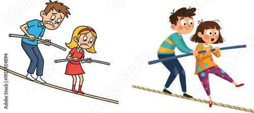 Cartoon children tightrope, anxious boy and girl, confident kids illustration, balance concept, emotional contrast, teamwork drawing, challenge artwork, childhood experience, cooperation art