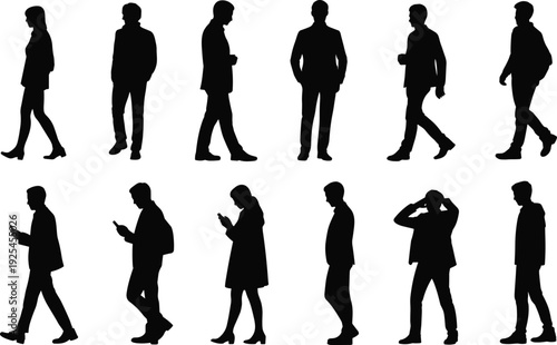 PrintHuman silhouettes, professional figures, business attire, casual clothing, walking people, standing poses, posture variation, office workers, urban lifestyle, corporate design, fashion outline,