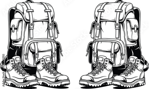 Hiking gear silhouette vector illustration set, backpack and boots clipart bundle, outdoor adventure icons, camping equipment graphics, travel essentials