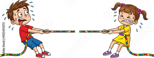 Cartoon children tug of war, boy and girl pulling rope, kids competition, teamwork effort, childhood strength, playful activity, determination illustration