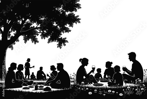 Black silhouette of a large group of people and families having a picnic in a park under a tree with food and drinks
