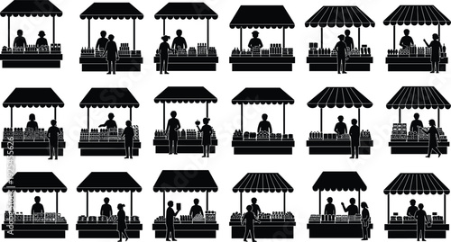 Market stall silhouette vector illustration set, vendor and customer clipart bundle, commerce design icons, street market graphics, black outlines