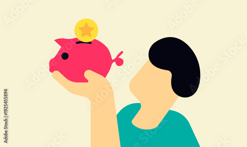 Man upholding piggy bank coin shown financial illustration