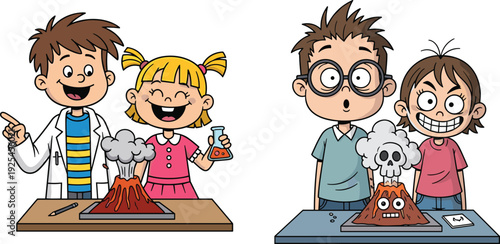 Cartoon children volcano experiment, kids science illustration, classroom activity, learning fun, STEM education, discovery, playful experiment, eruption art