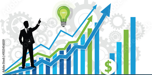 Businessman standing on upward trending graph with gears and dollar sign