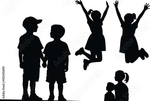Children silhouettes collection, happy kids jumping and standing poses, sibling and family moments, black and white vector illustration set isolated