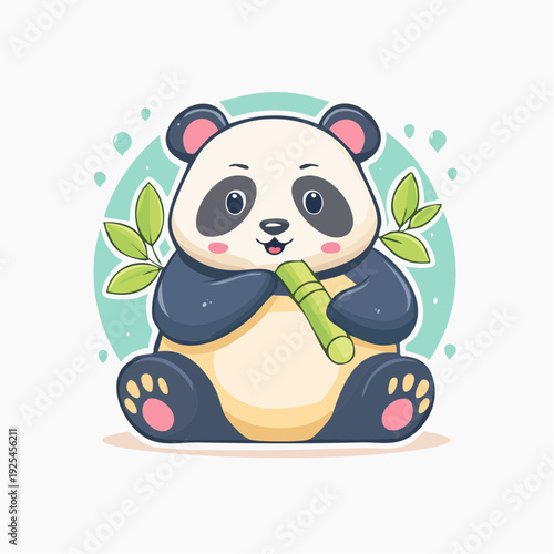 A cute cartoon baby panda sitting and happily eating a bamboo stick with green leaves in a light blue circle background.