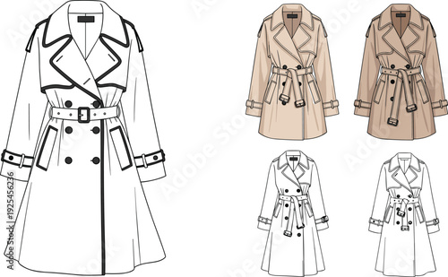 Four Different Styles of Long Coats with Belts and Buttons