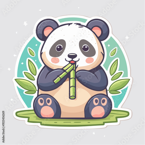 A cute cartoon panda sitting and happily eating bamboo shoots with green leaves in the background, a delightful illustration.