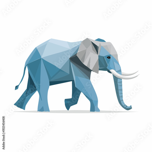Geometric blue elephant walking with tusks in a low poly style on a white background.
