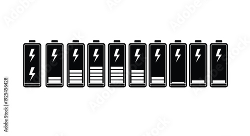 Battery level icon set vector illustration, black silhouette charging indicators with lightning bolt symbols, energy power status mobile interface elements