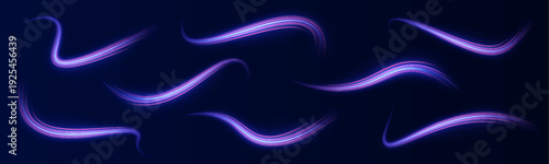 Neon blue and purple light streams twist into spiraling paths. Curved luminous lines form dynamic motion shapes. Dark background highlights glowing energy.
