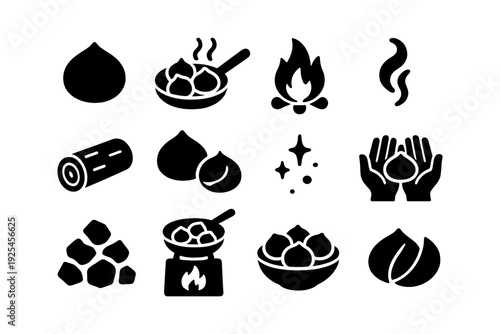 Chestnut cooking icons: silhouette symbols of roasting and grilling