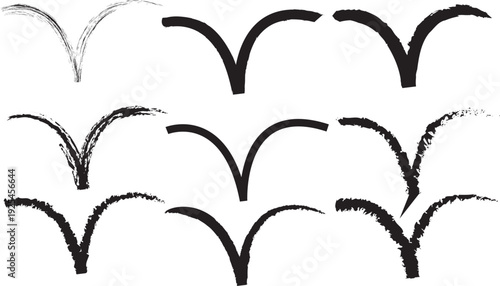 Hand drawn minimalist flying bird silhouette collection with textured brush strokes and charcoal effect on white background