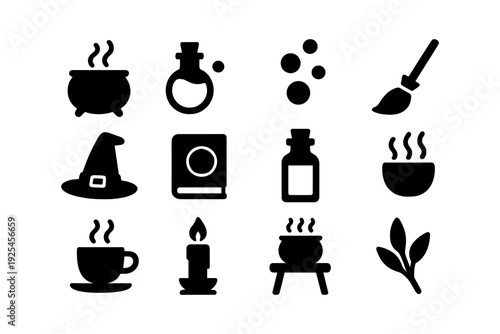 Halloween witchcraft icons collection: cauldrons, witch hat, potion bottles, and spooky elements