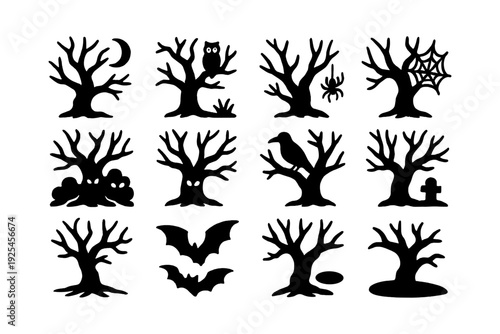 Spooky tree silhouettes with halloween elements and eerie creatures