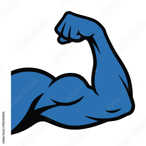 Muscular blue arm flexing bicep with black outline on white background for strength and fitness concepts