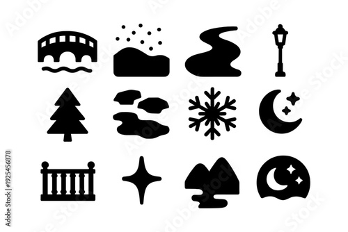 Winter park silhouette icons: bridge, snow, river, lantern, moon, stars, and trees