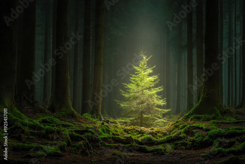 A young vibrant evergreen tree illuminated by a ray of sunlight in the midst of a dark, dense, moss-covered forest during early morning hours