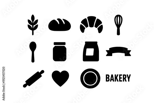 Essential bakery icons set in simple black silhouette style