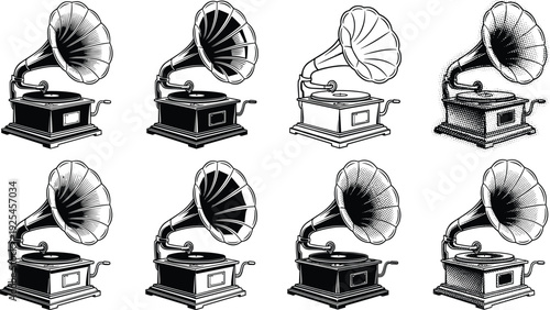 Vintage gramophone silhouette vector illustration set, retro music clipart bundle, phonograph design icons, antique audio graphics, classic sound shapes
