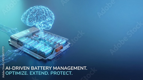 AI-Driven Battery Management System for Electric Vehicles Featuring a Glowing Digital Brain Concept for Optimization and Protection