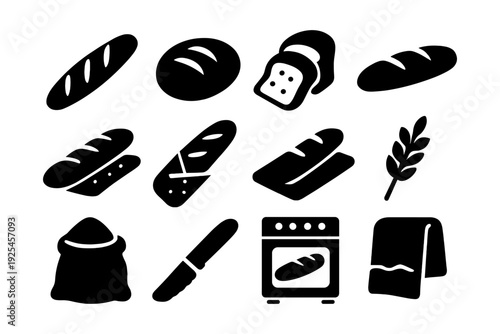 Silhouette bakery set with bread, knife, and baking elements on white background