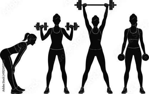 Female fitness silhouettes with dumbbells and barbell, woman weight training workout poses, black and white vector illustration set for gym design