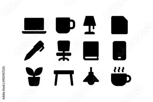 Essential office items silhouette set for modern workspace designs