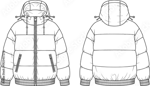 Puffer jacket technical line drawing vector illustration set, hooded winter coat clipart, front and back view apparel design graphics