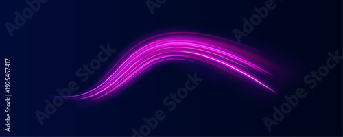 Bright violet spirals twist into luminous rings. Neon particles sparkle along curved paths. Dynamic motion energy flows across dark space. PNG