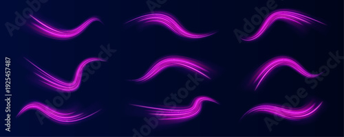 Purple spirals twist into luminous abstract rings. Neon particles shimmer along curved trails. Dynamic motion flows across dark space.