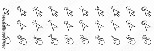 Set of black hand cursor icons illustrating touch gestures: swipe left, right, scroll, and rotate. Minimalist vector graphics for mobile app navigation and UI/UX design on a white background