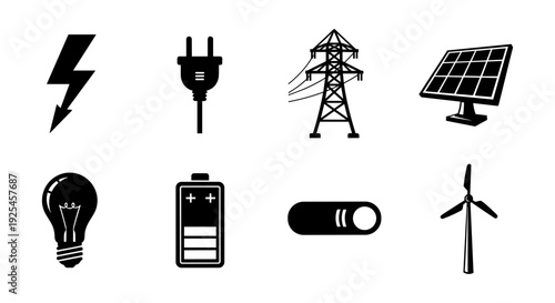 Energy icons: diverse power and renewable solutions in minimalist design