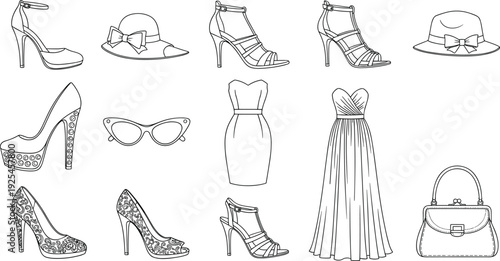 Women’s fashion accessories silhouette vector illustration set, shoes, hats, dresses, handbag, sunglasses clipart bundle, elegant wardrobe graphics