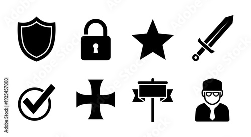 Security and medieval icons set: shield, lock, star, sword, cross, checkmark, sign, person