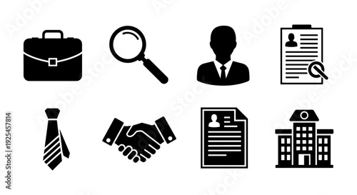 Business icon set featuring silhouette office tools and professional elements