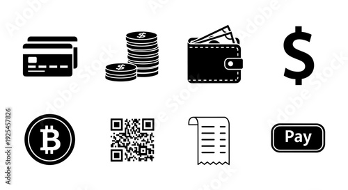 Financial icons set: credit cards, bitcoin, wallet, dollar, qr code, receipt