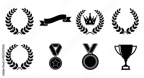 Award and achievement icons in black silhouette style: medals, trophies, laurel wreaths, and crowns