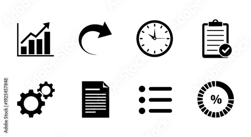 Business and productivity icons set: graphs, clock, checklist, gears, and more