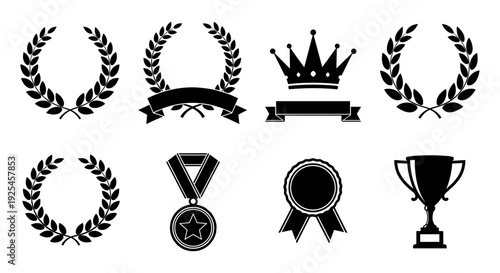 Elegant black laurel wreaths and award icons set with medals and trophies