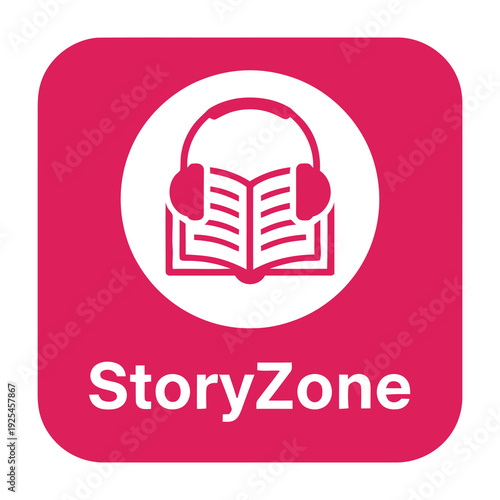Storyzone app logo with headphones and book icon on pink background