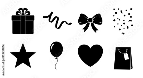 Simple celebration icons: gift, balloon, hearts, confetti, and more