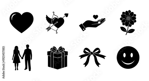 Romantic icons collection: heart, cupid, gift, and more in bold silhouette style
