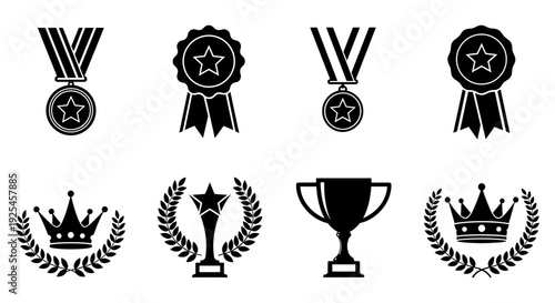 Collection of silhouette award icons featuring medals trophies and laurel wreaths