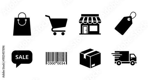 Black shopping icons: cart, storefront, and delivery silhouettes