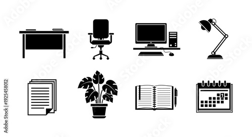Home office essentials silhouette collection: desk, chair, computer, and more